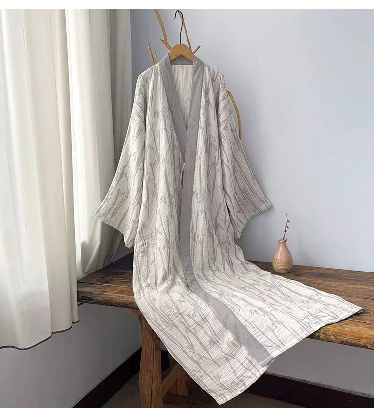 Gray bamboo leaf three-layer cotton gauze robe product view