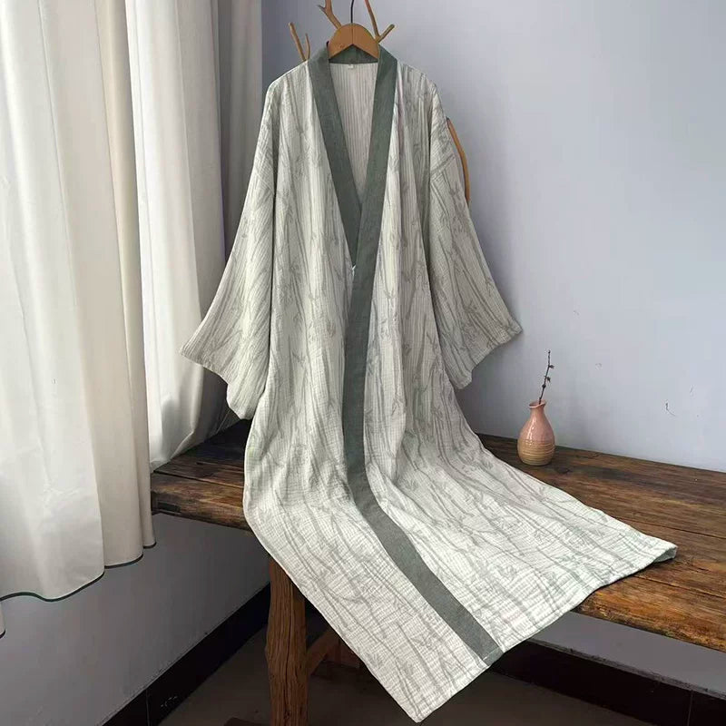 Green-trim bamboo leaf cotton gauze robe square product image