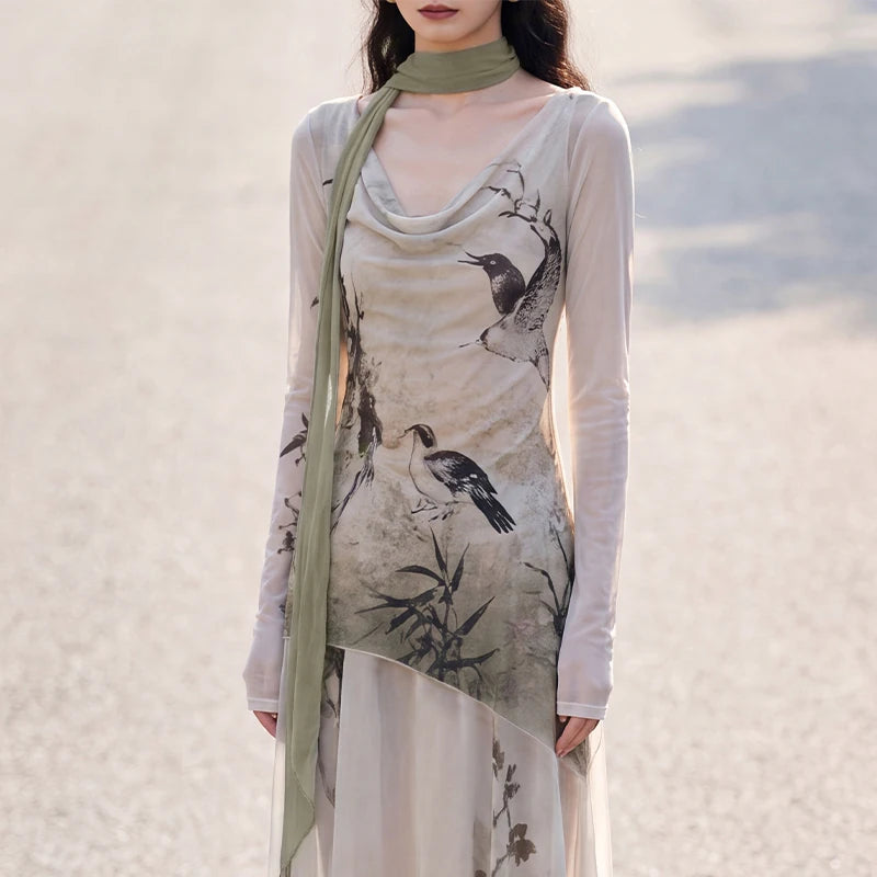 Beige bird and floral cowl-neck top close-up