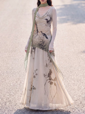 Beige bird and floral print cowl-neck top with matching long skirt