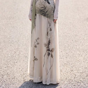 Beige bird and floral print long skirt detail