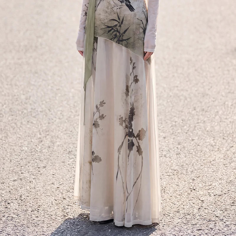 Beige bird and floral print long skirt detail