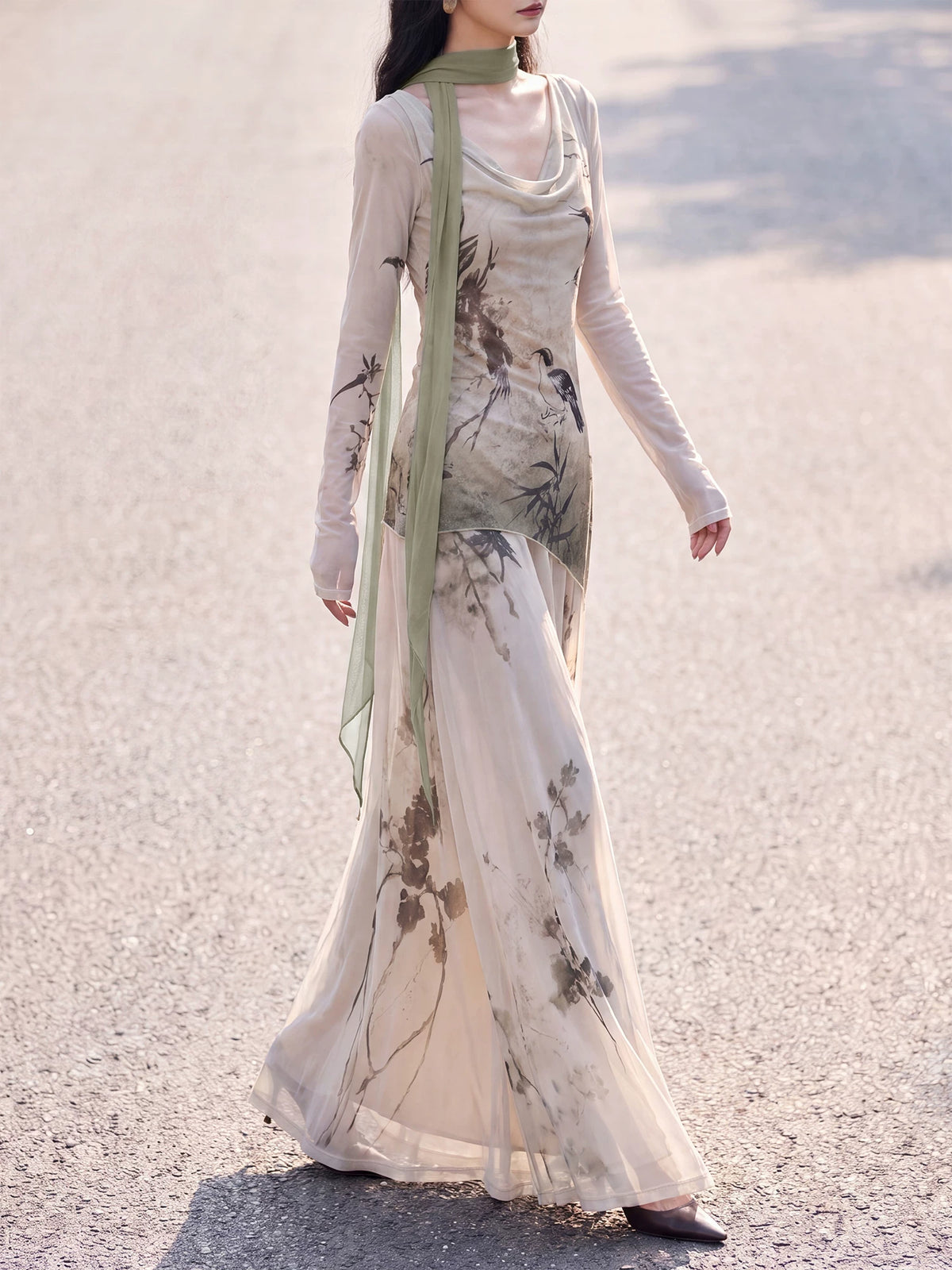Beige bird and flower print long skirt walking view