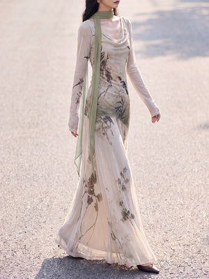 Beige bird and flower print long skirt walking view