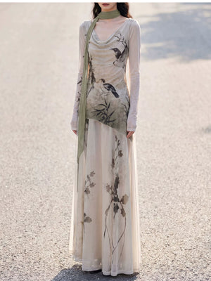 Beige floral knit separates full-length view