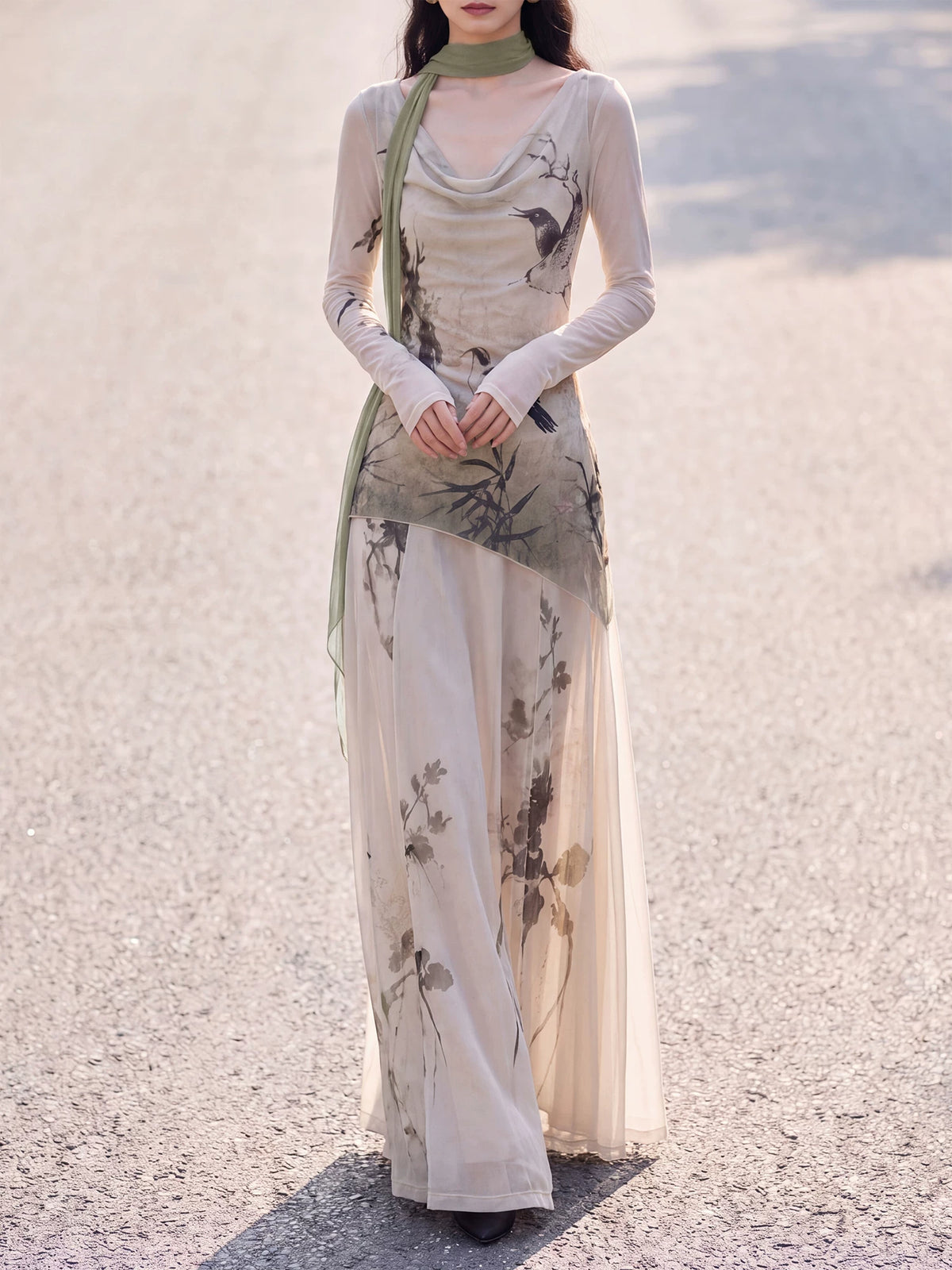 Beige printed knit top and skirt front view