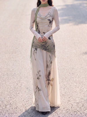 Beige printed knit top and skirt front view