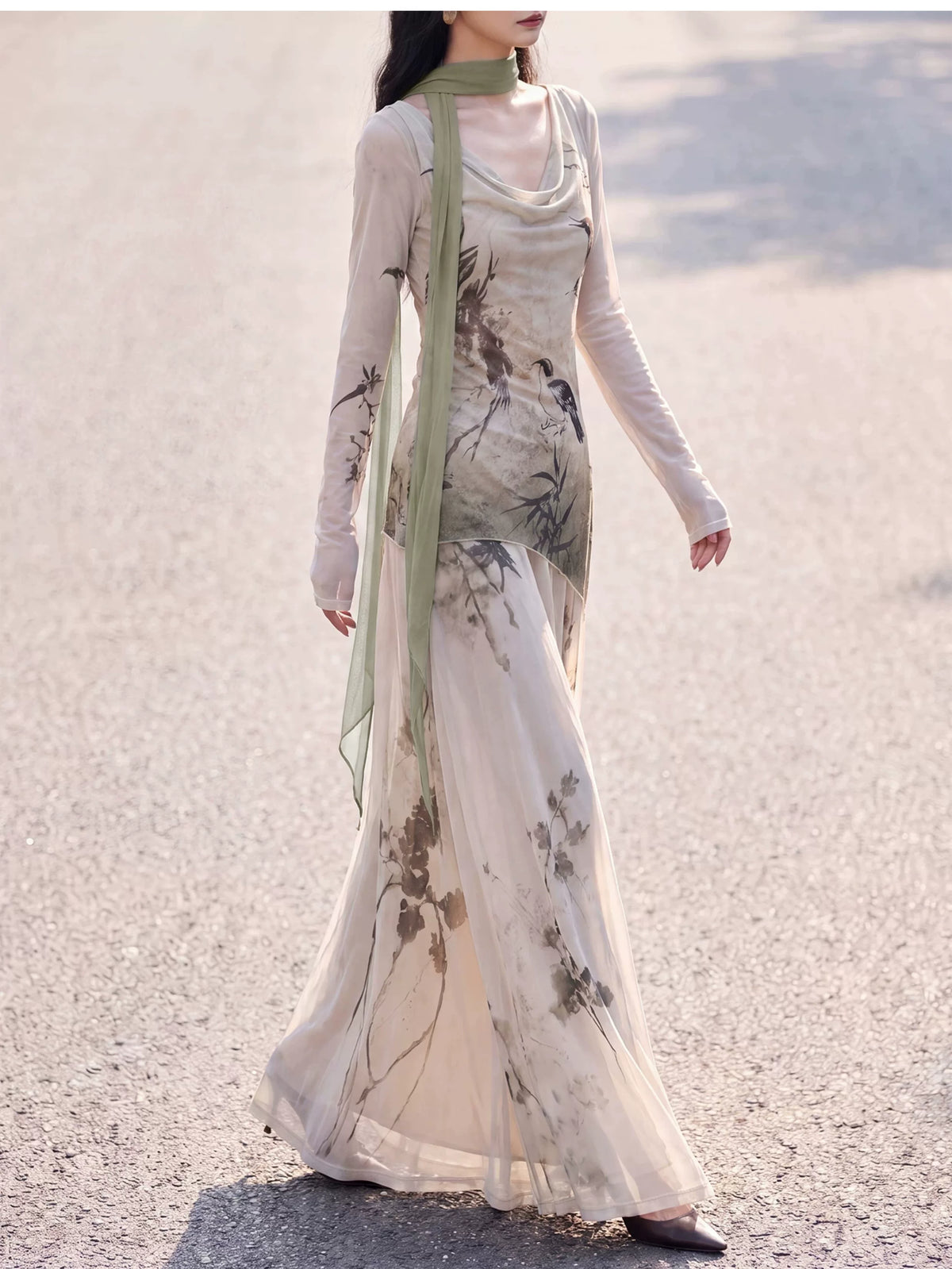 Beige printed skirt movement and drape