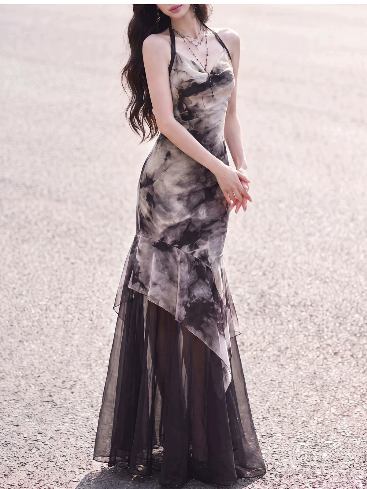 Black and white halter dress neckline and print detail