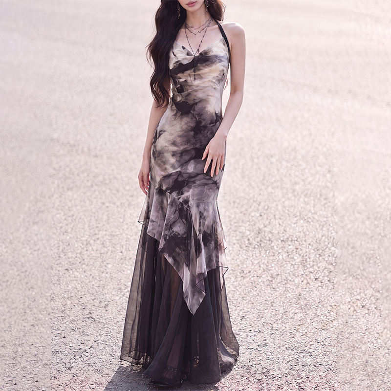 Black and white ink print halter dress full-length view