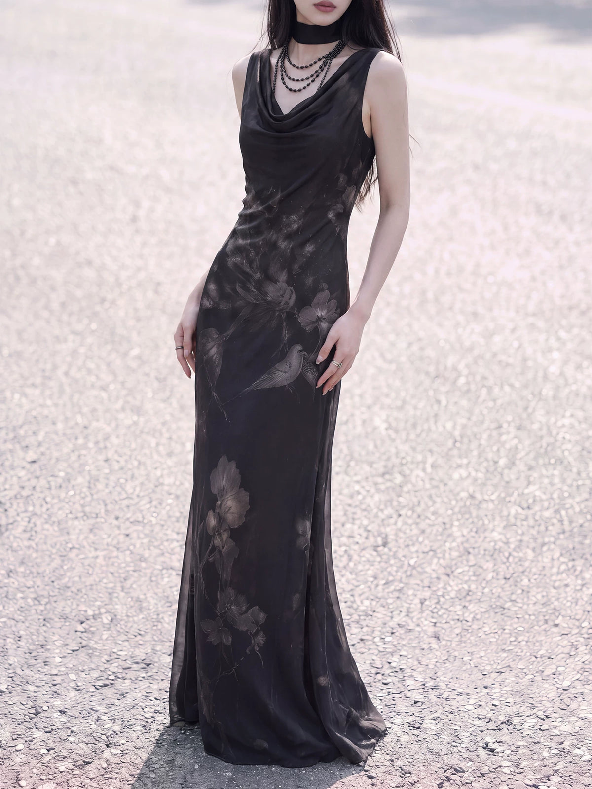 Black bird and flower print dress fitted silhouette