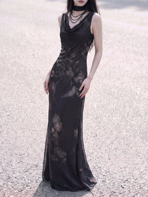 Black bird and flower print dress fitted silhouette