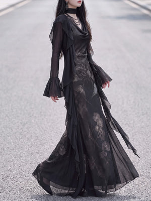 Black chiffon ruffle cardigan and floral dress in motion