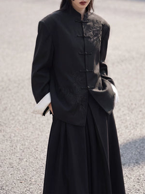 Black Chinese blazer with tonal bamboo embroidery and contrast cuffs