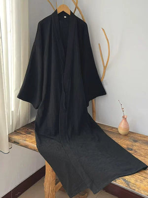 Black two-layer cotton gauze robe styled as relaxed New Chinese summer loungewear