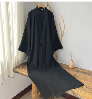 Front product view of the lightweight black cotton gauze robe