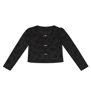 Black cropped jacquard jacket laid flat