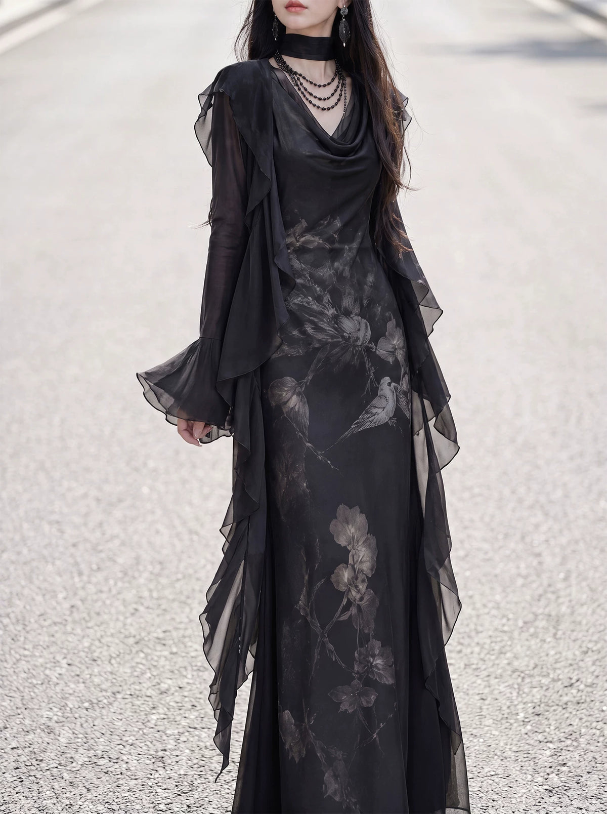 Black floral cowl-neck dress with long ruffle chiffon cardigan