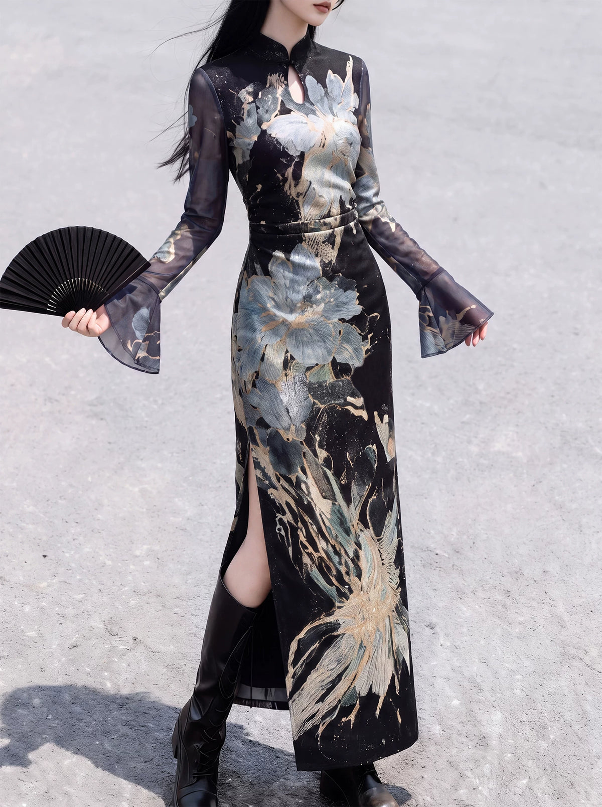 Black floral knit cheongsam with long bell sleeves and a side slit