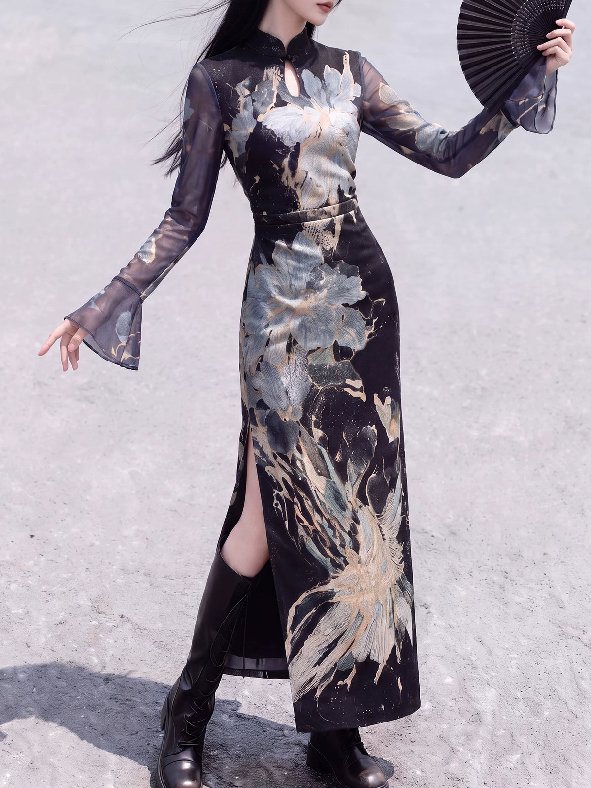 Black floral knit qipao with sleeves extended