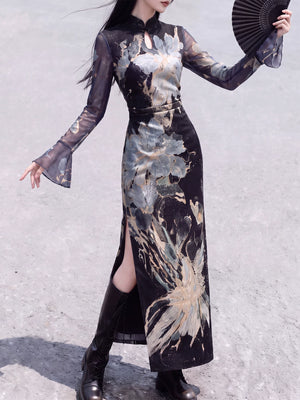 Black floral knit qipao with sleeves extended