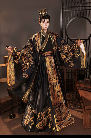 Black and gold emperor Hanfu costume with both sleeves extended and a gold-tone crown