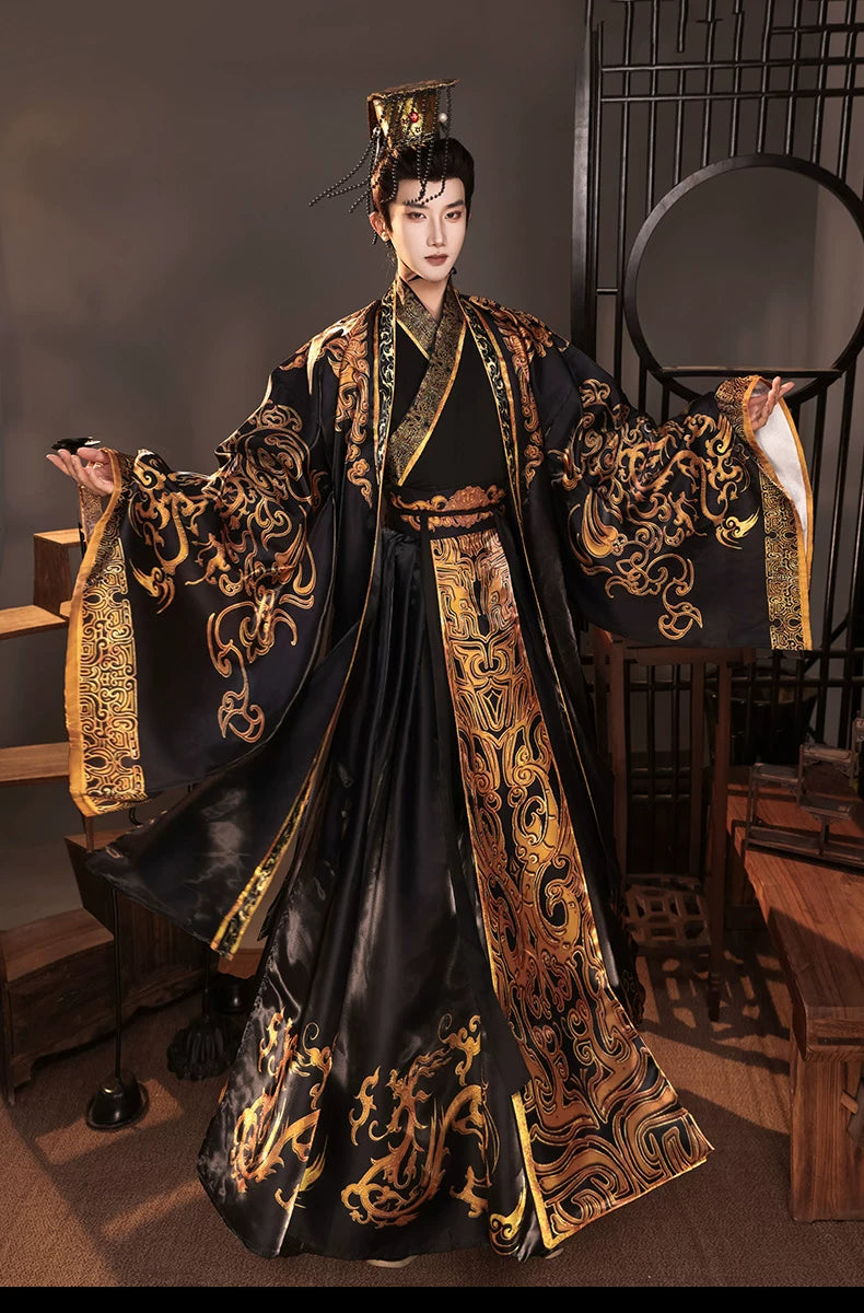 Black and gold emperor Hanfu costume with both sleeves extended and a gold-tone crown