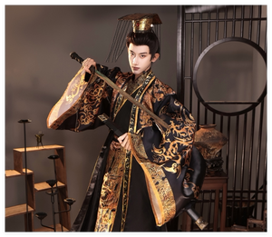 Black and gold emperor Hanfu costume with a gold-tone crown, shown holding a sword