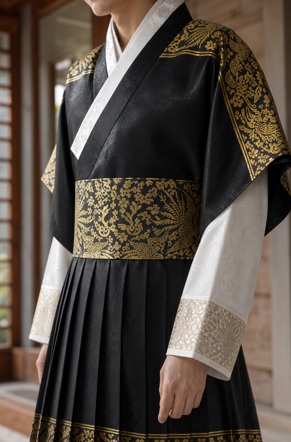 Black gold men's Korean hanbok robe set brocade cuff belt and fabric detail