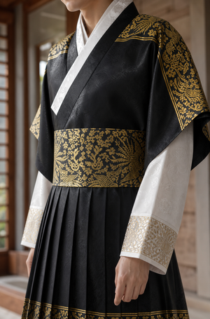 Black gold men's Korean hanbok robe set brocade cuff belt and fabric detail