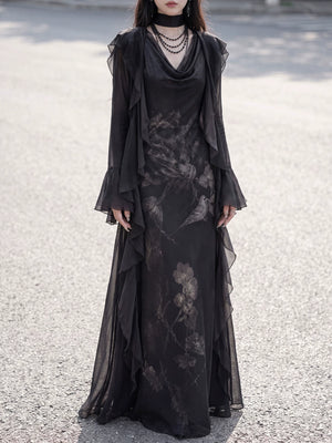 Black printed maxi dress and sheer cardigan front view