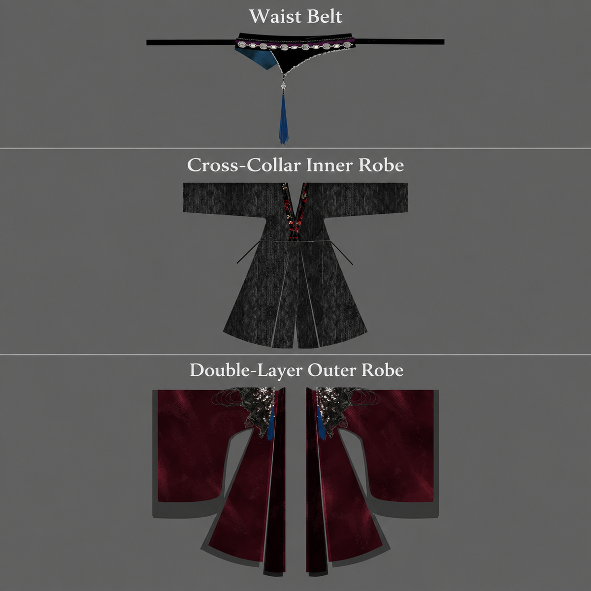 Black and red wuxia set component guide: waist belt, cross-collar inner robe and double-layer outer robe