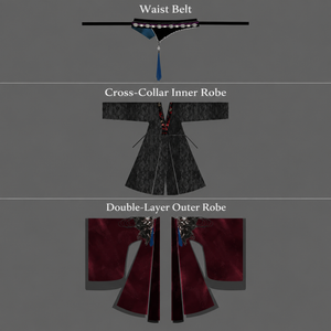 Black and red wuxia set component guide: waist belt, cross-collar inner robe and double-layer outer robe