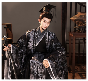 Black and silver emperor Hanfu costume with a black crown, patterned collar and wide sleeves