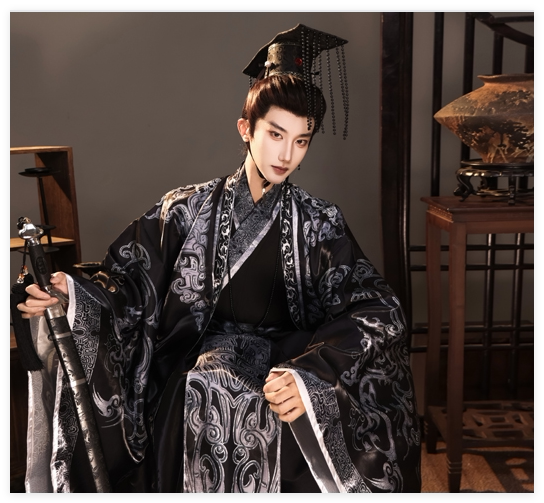 Black and silver emperor Hanfu costume with a black crown, patterned collar and wide sleeves