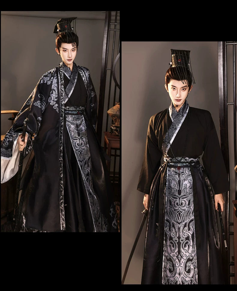 Black and silver emperor Hanfu costume comparison showing the outer robe and inner clothing layers