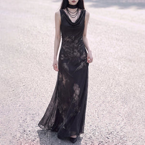 Black sleeveless cowl-neck floral dress full-length view