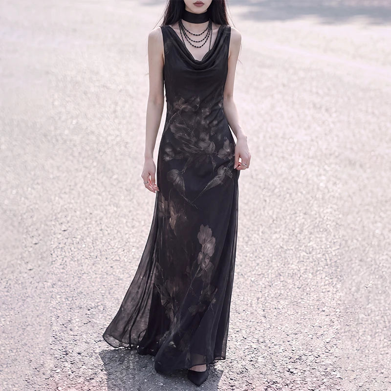 Black sleeveless cowl-neck floral dress full-length view