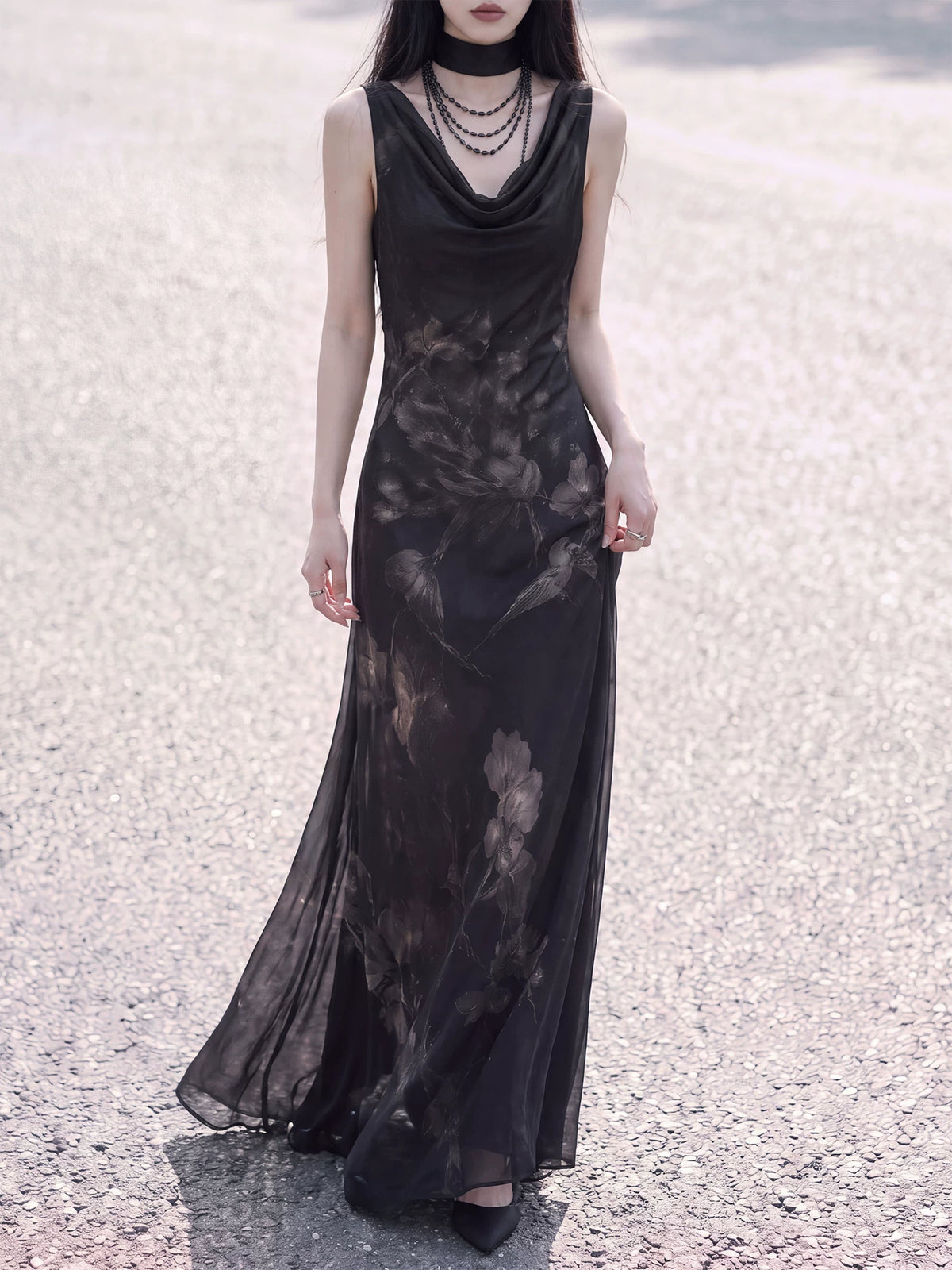 Black sleeveless floral cowl-neck maxi dress front view