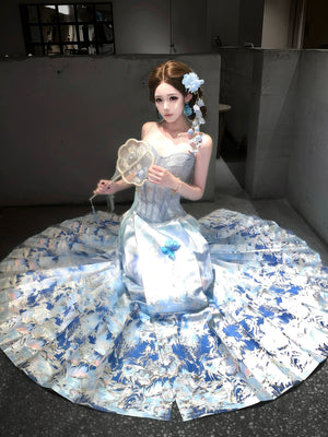 Blue and silver mamian skirt styled with a fitted top