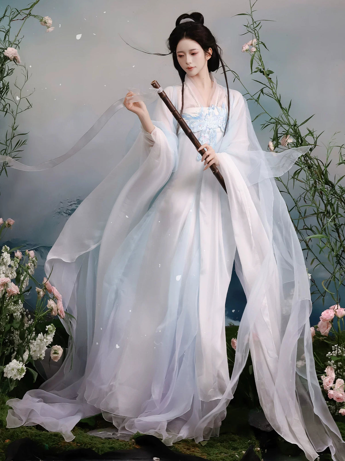 Blue chest-high Hanfu styling with flowing sleeves