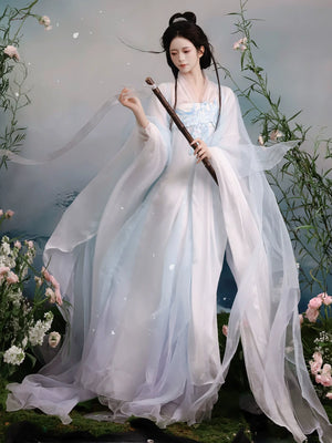 Blue chest-high Hanfu styling with flowing sleeves