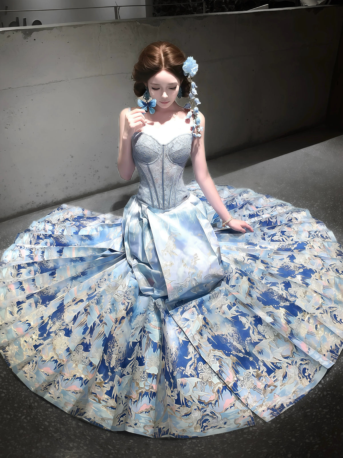 Blue fish brocade mamian skirt with pleats spread
