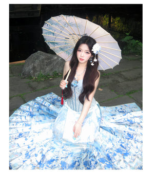 Blue mamian skirt showing woven aquatic motifs