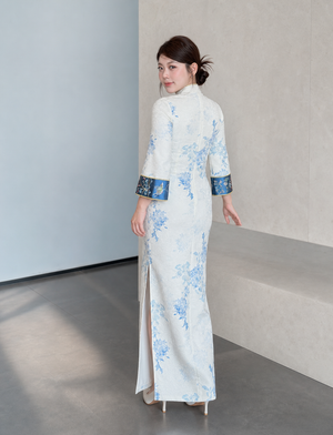 Blue Porcelain plus size qipao back fit and side slit view