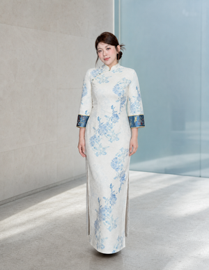 Blue Porcelain plus size qipao full front view in soft daylight gallery