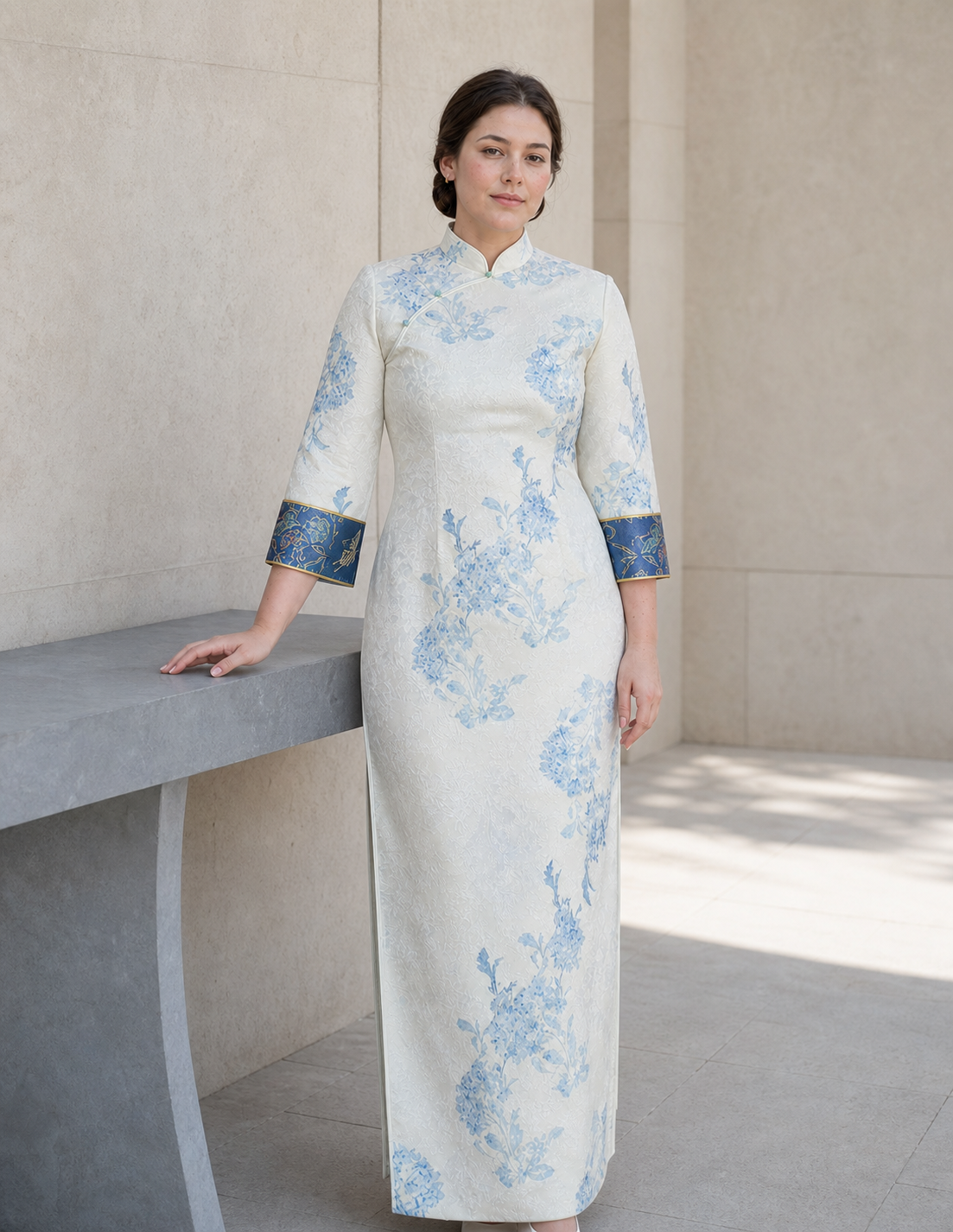 Blue Porcelain plus size qipao Western model three-quarter fit view