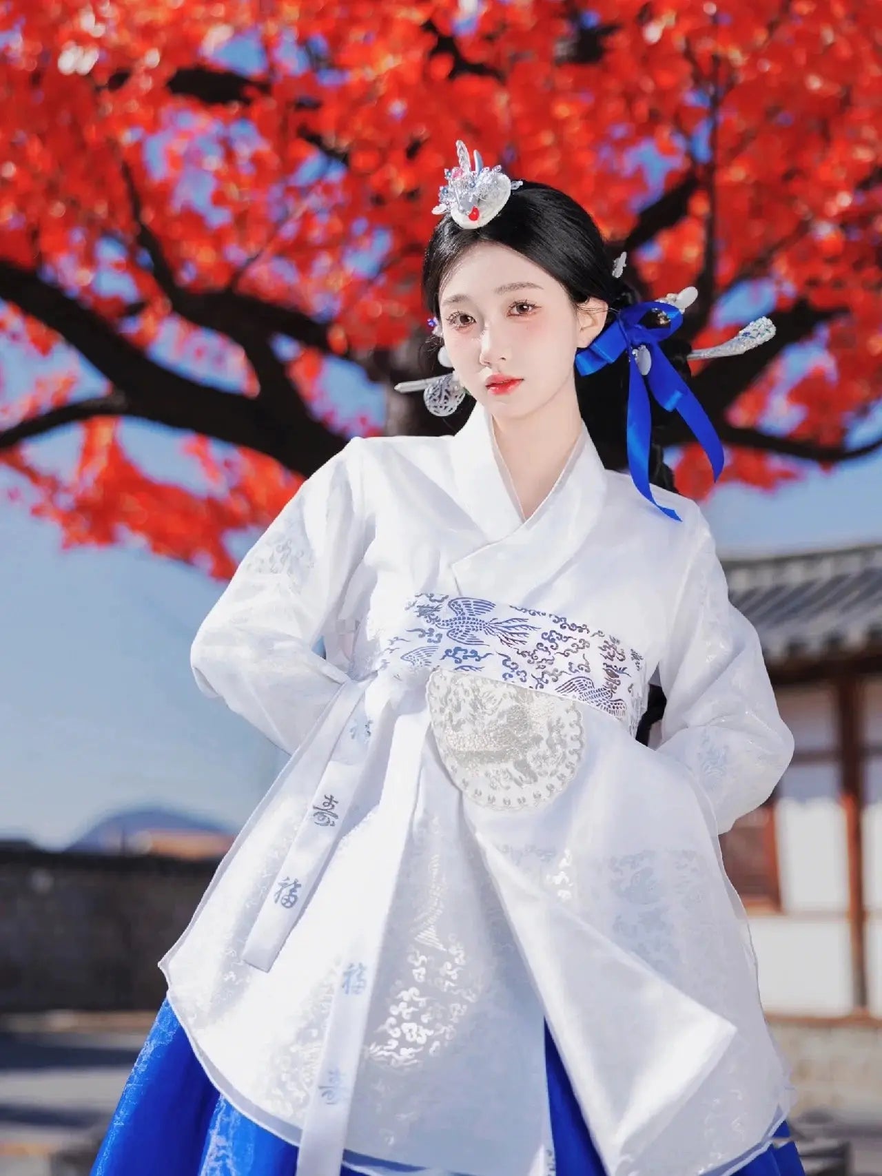 Blue & white princess hanbok for women – modern Korean palace-style traditional dress with flowing skirt, perfect for weddings, performances, events, and photoshoots