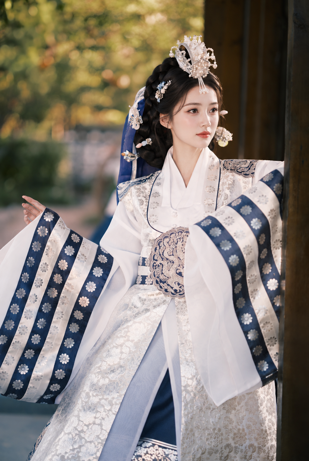 Wide ivory sleeves with navy floral bands on royal court Hanbok