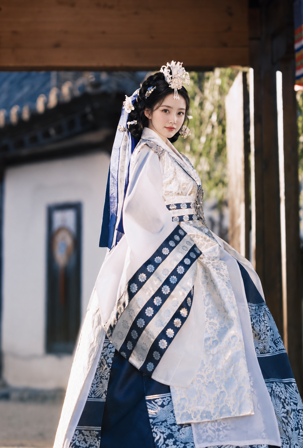 Side view of flowing blue and silver court Hanbok